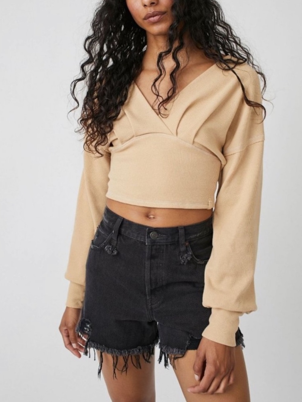 We The Free Free People Tan All Nighter Waffle Knit V Neck CropTop